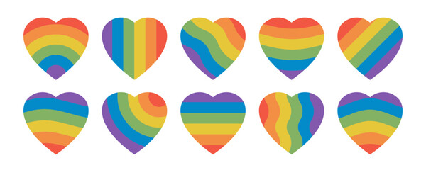 Set of rainbow hearts with geometric stripe variations. Flat colorful symbols for Pride, love, equality, LGBTQ support. Ideal for stickers, cards, posters, t-shirts, digital design