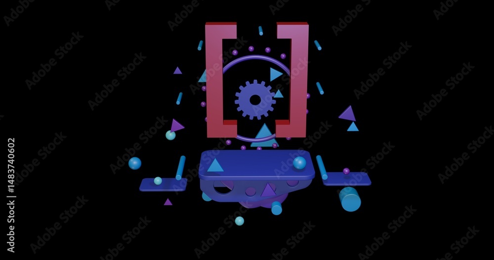 Poster red square brackets symbol on a pedestal of abstract geometric shapes floating in the air. abstract 