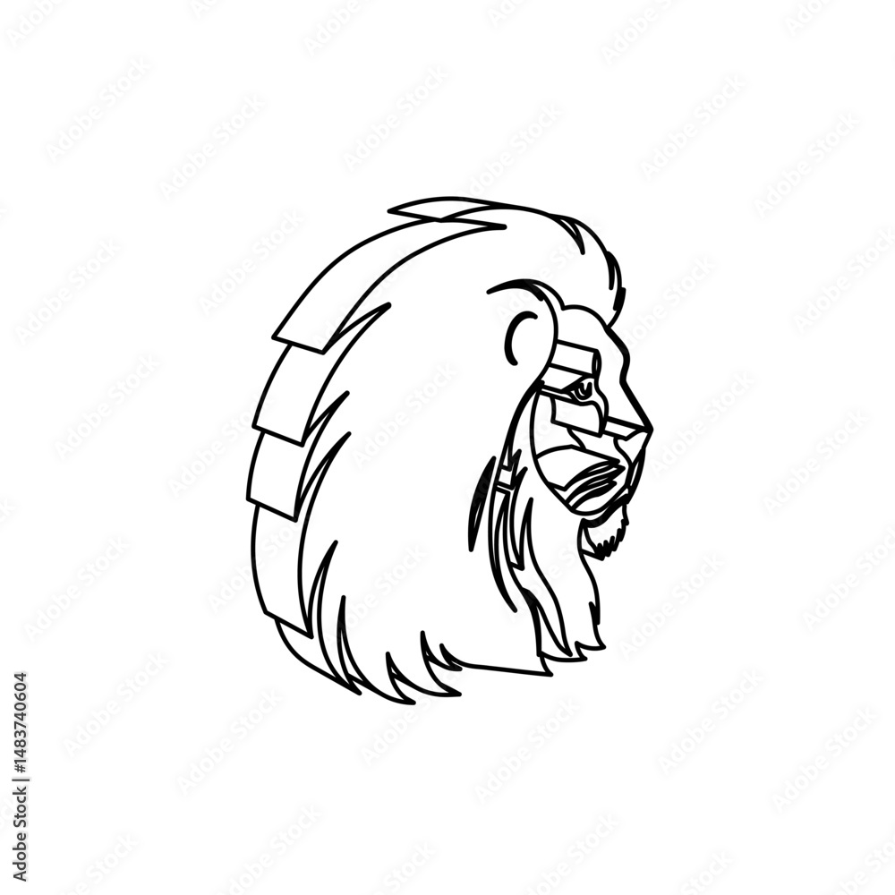 Poster the outline of a large lion head icon is made with black lines. 3d view of the object in perspective