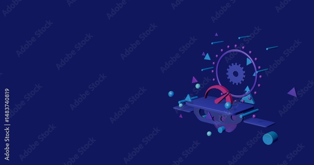 Poster pink tachometer symbol on a pedestal of abstract geometric shapes floating in the air. abstract conc