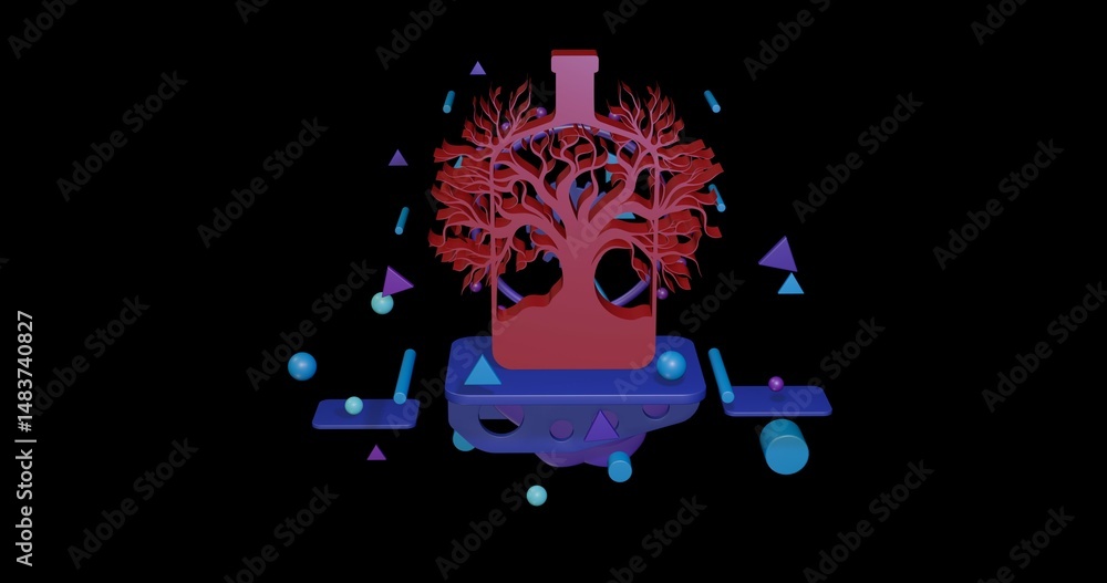 Poster red mystical tree in bottle symbol on a pedestal of abstract geometric shapes floating in the air. a