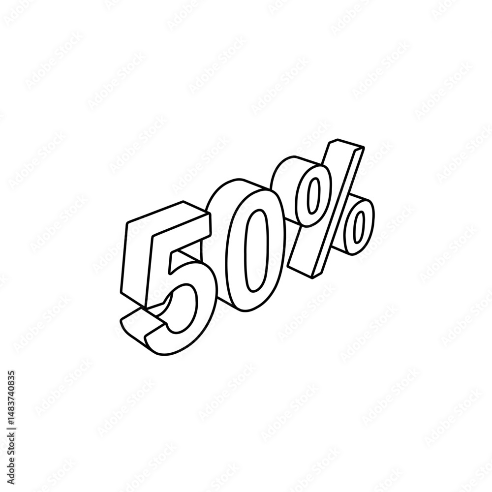 Poster the outline of a large 50 percent symbol is made with black lines. 3d view of the object in perspect