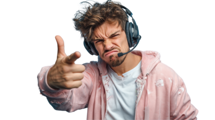 Young man with headset pointing isolated on transparent background with serious look