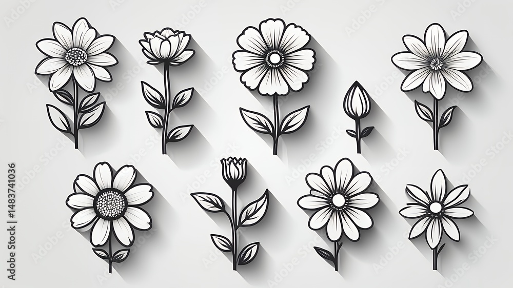 Poster a collection of simple line art flowers with shadows on a white background display various forms