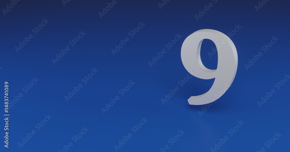 Poster isolated realistic white number nine symbol with shadow. located on the right side of the scene. 3d 