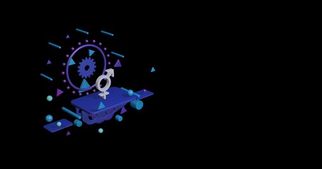 White bigender symbol on a pedestal of abstract geometric shapes floating in the air. Abstract concept art with flying shapes on the left. 3d illustration on black background