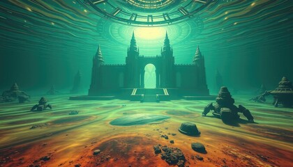 Underwater alien castle, sci-fi landscape with surreal structures.