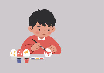 A young boy happily paints Easter eggs with brushes and colorful paints. A cheerful scene celebrating Egg Day 2025. Bright, playful illustration.