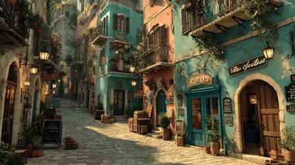 Fototapeta premium Charming European Street Scene with Cobblestone Path Colorful Facades and Cozy Cafes