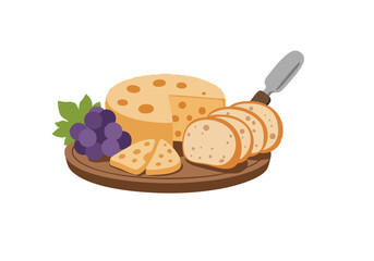 A charming cheese platter with bread, grapes, and cheese slices. Perfect for food, celebration, or lifestyle visuals. Festive and inviting!