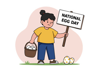 A cheerful young Asian girl holds a basket of eggs and a sign celebrating National Egg Day. Bright, playful illustration style. Perfect for food, celebration, or family themes.