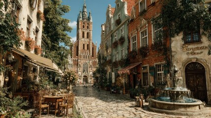 Fototapeta premium Charming European Street Scene with Cobblestone Path Colorful Buildings and Lush Greenery