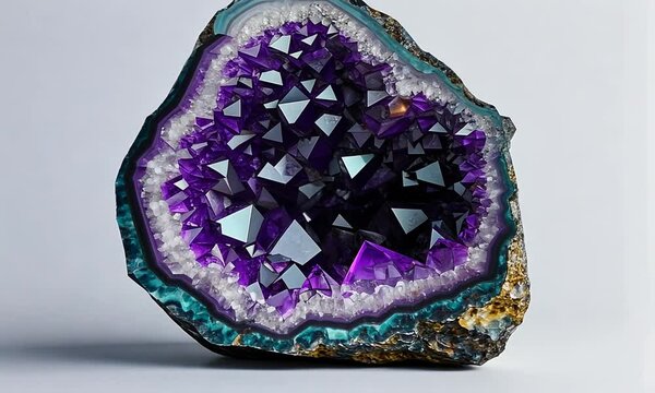 Stunning amethyst geode showcasing vibrant purple crystals against a neutral background