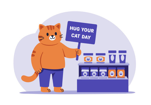 A cheerful orange cat holds a sign reading 'Hug Your Cat Day!' with a shelf of cat treats in the background. Bright, playful illustration style.