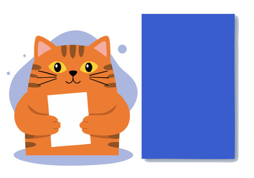A cheerful orange tabby cat holds a sign reading 'Hug Your Cat Day!' against a blue background. Cute, playful illustration perfect for greeting cards and social media.