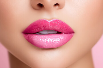 Fototapeta premium Extreme closeup of lips wearing ombre pink lipstick,