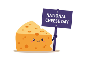 Cute cartoon cheese slice holds a sign celebrating National Cheese Day. Bright, cheerful illustration with a playful design. Perfect for food marketing and celebrations.