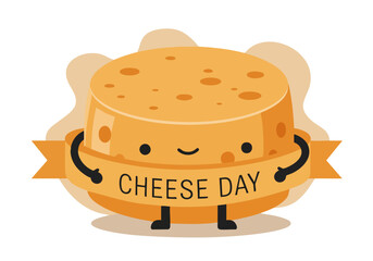 A cute, cartoon cheese wedge celebrates Cheese Day with a smiling face and a festive ribbon. Bright, cheerful illustration perfect for food-related marketing.