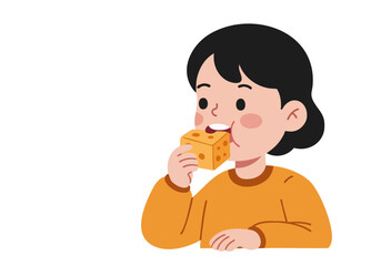 A cute girl enjoys a piece of cheese on National Cheese Day. Bright, cheerful illustration with a soft color palette. Perfect for food, celebration, or kids themes.