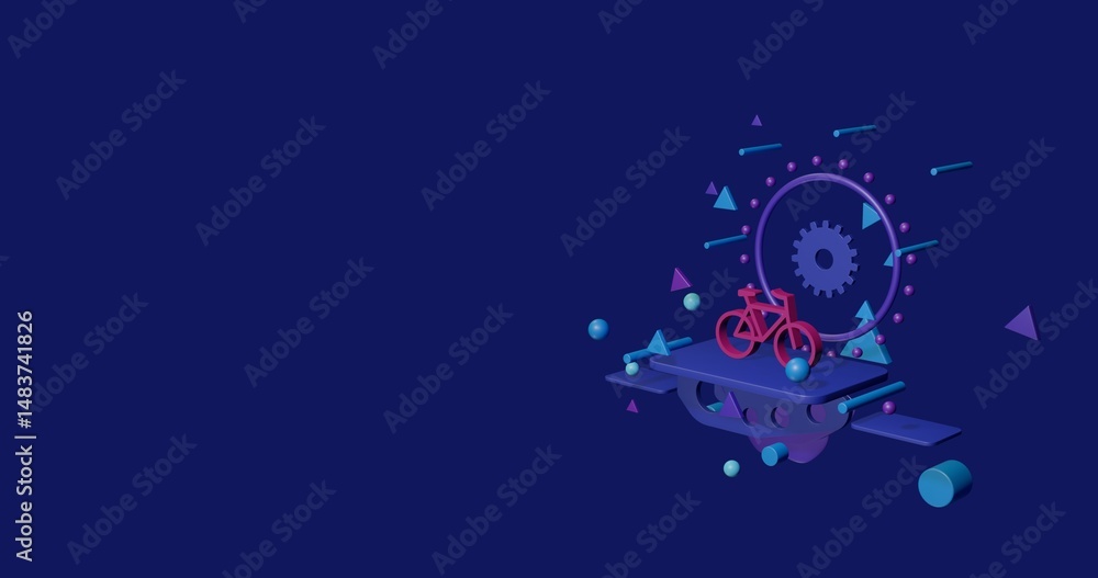 Poster pink bicycle symbol on a pedestal of abstract geometric shapes floating in the air. abstract concept