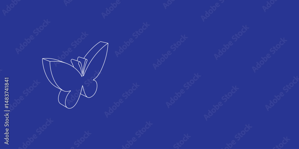 Poster the outline of a large butterfly symbol made of white lines on the left. 3d view of the object in pe