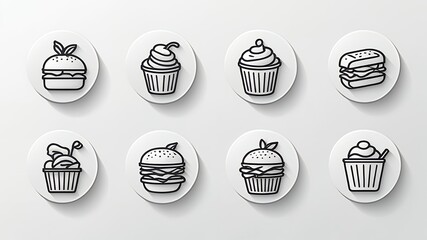Line art of burgers and cupcakes arranged on white circles against a white background