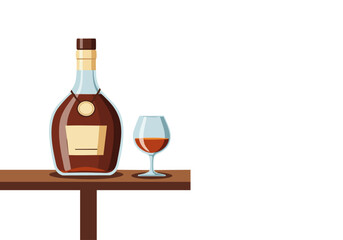 Elegant cognac bottle and glass on a table, celebrating Cognac Day 2025. A sophisticated, stylized illustration with a modern aesthetic.