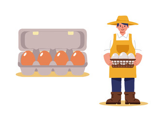 A farmer proudly displays a carton of eggs and a basket of fresh eggs. Cheerful illustration for National Egg Day 2025. Bright, inviting, and commercially viable.