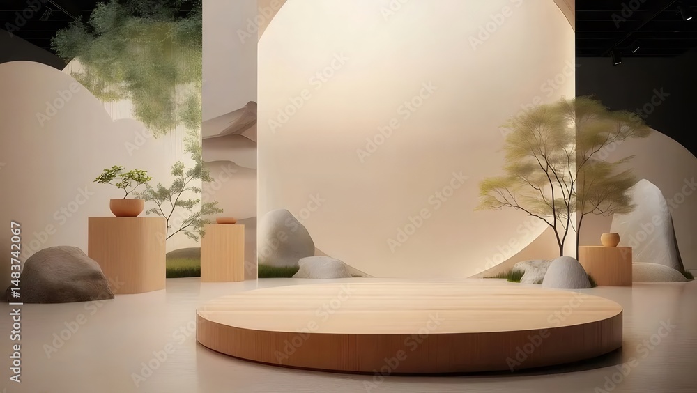 Poster 和風の背景と抽象的な禅のステージ 木の台座 ミニマルなデザイン ベージュと白の空間で 静けさを表現