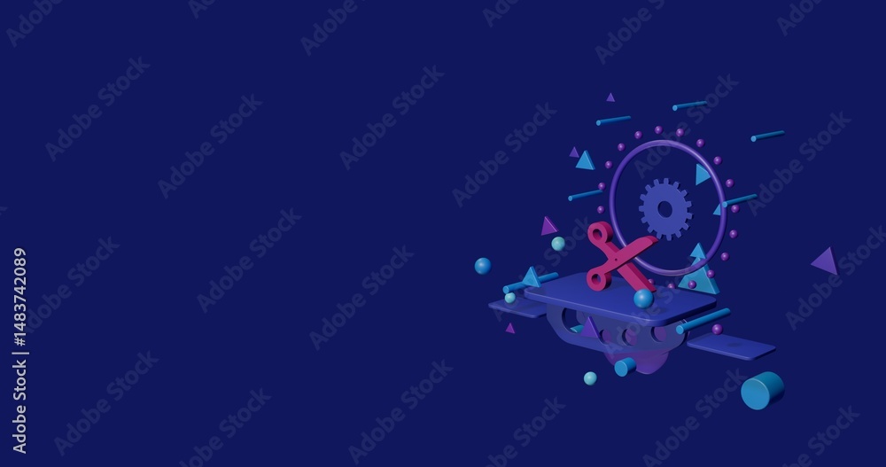 Poster pink scissors symbol on a pedestal of abstract geometric shapes floating in the air. abstract concep