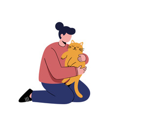 A woman lovingly embraces a ginger cat on a soft green background. Celebrating Cat Day 2025 with a heartwarming illustration. Modern, flat design.