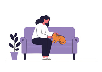 A woman relaxes on a sofa with a cat, creating a cozy and peaceful scene. Modern illustration style with a soft color palette. Perfect for lifestyle and pet-related content.