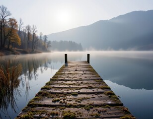 Tranquil Morning Scene at a Dock on a Foggy Lake with Reflections