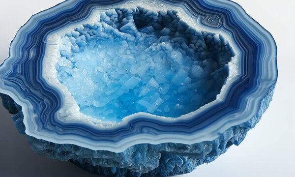 Stunning blue agate bowl showcasing intricate layers and crystal formations, perfect for decor