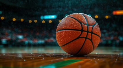 Wet basketball on court
