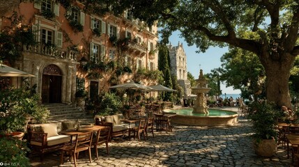 Obraz premium Charming European Courtyard with Cobblestone Path Fountain and Outdoor Seating for Relaxation