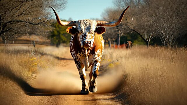 Beautiful longhorn steer walks along dusty trail in serene countryside landscape during golden hour