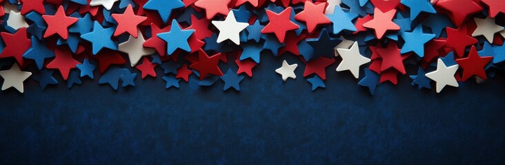 Fototapeta premium Red White Blue Star Confetti on Dark Blue Glitter Background