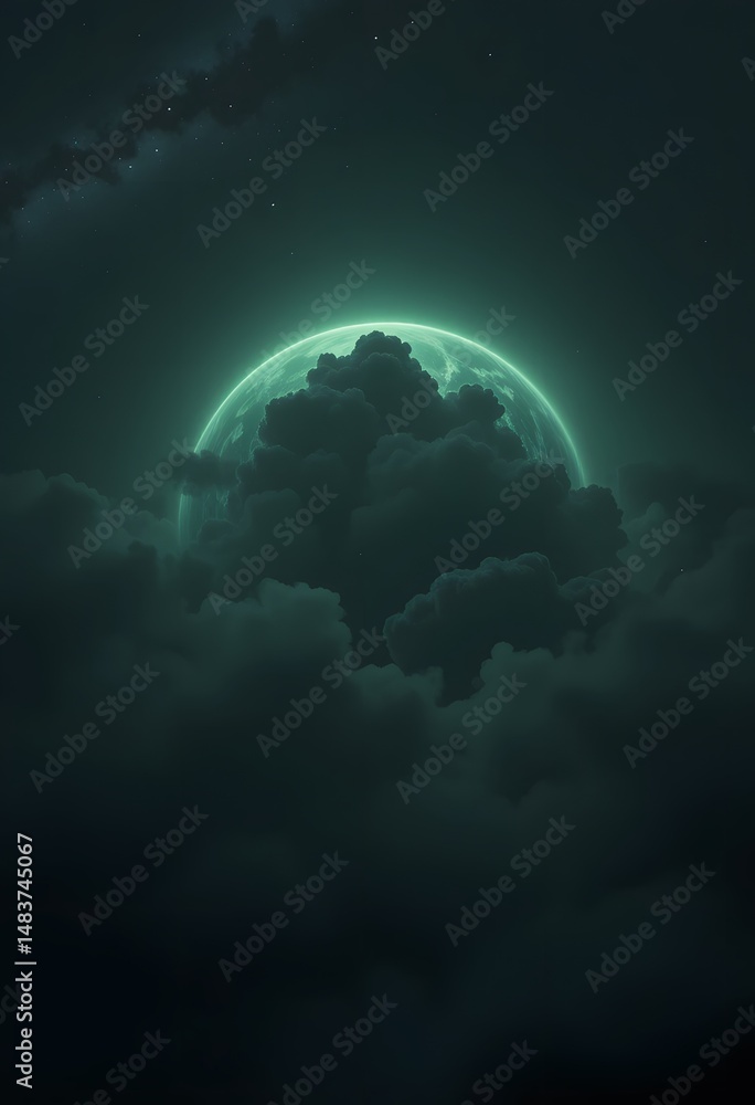 Fototapete distant planet in deep space, a celestial sphere with a dense atmosphere, glowing faintly. greenish 