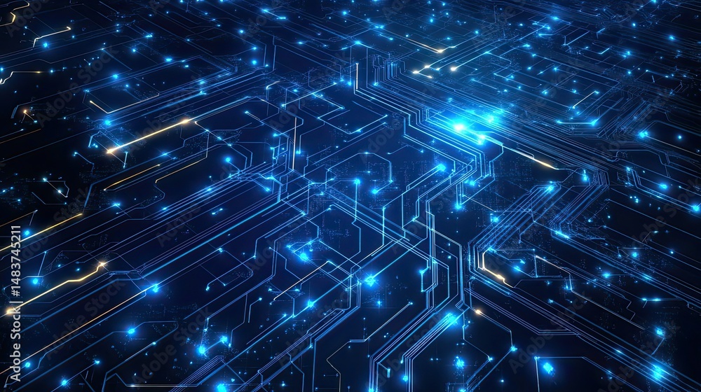 Poster a detailed view of a blue circuit board with glowing connections and intricate pathways illuminated