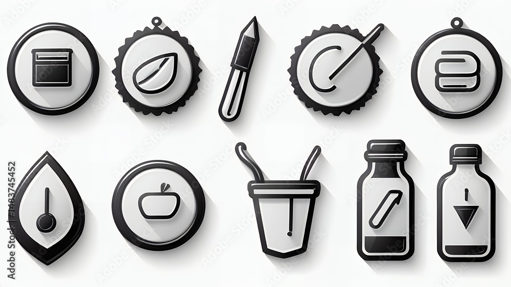 Aufkleber collection of black and white icons featuring various objects on a white background design