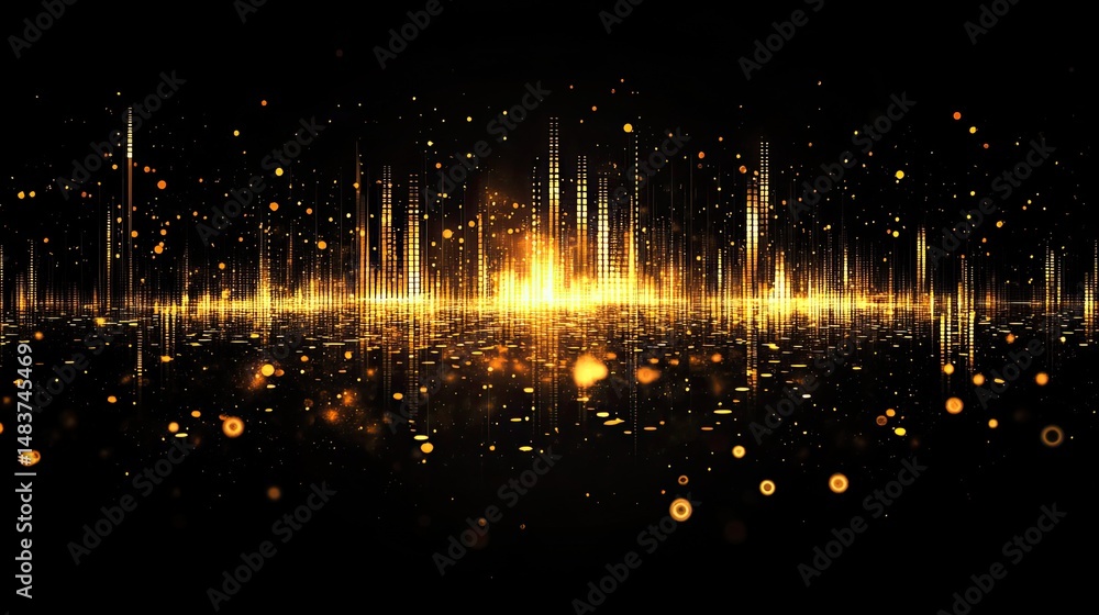 Poster a shimmering golden landscape with rising light bars and floating particles on a dark background sce