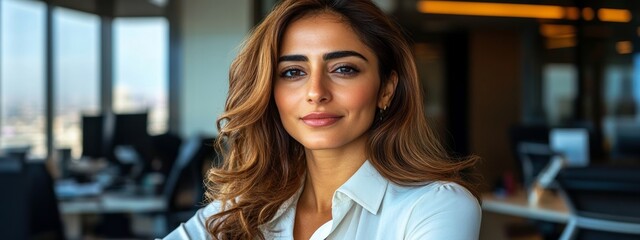 Smiling Indian Businesswoman in Casual Office Setting – Diversity & Professional Branding