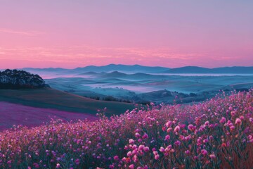 Obraz premium Pink and Blue Sunrise over Rolling Hills and Flower Field