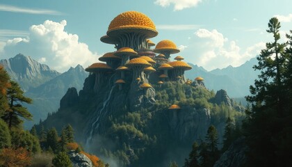 Surreal Mushroom City on Mountain: Fantasy Landscape with Fungi Architecture