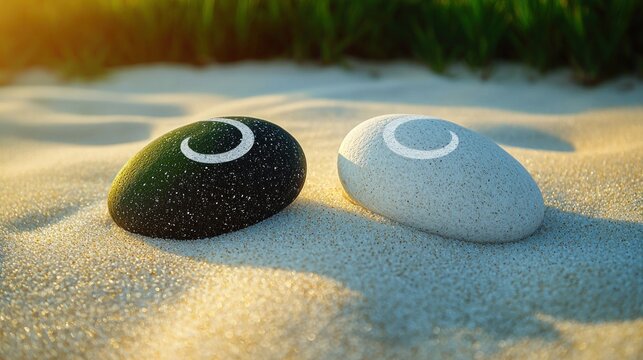 Yin Yang Stones Duality on sand with serene grassy backdrop