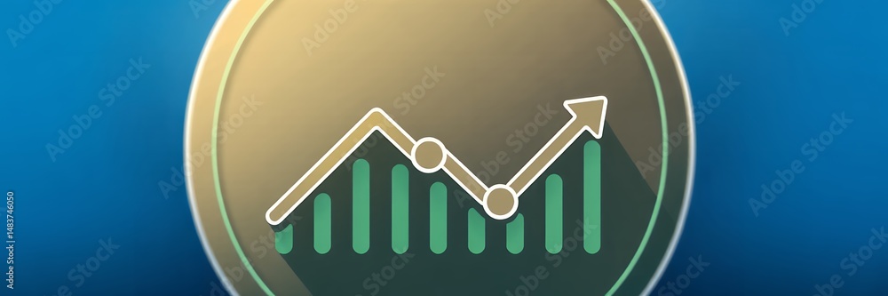 Poster illustration of a green graph with an arrow pointing up inside a golden circle shape