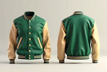 Green and Beige Varsity Jacket Showcased in Front and Back View, Featuring Buttoned Closure, Striped Collar, and Cuffed Sleeves
