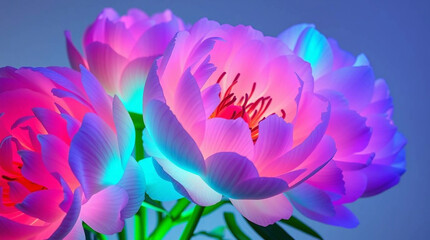 Precise architectural color photograph of fresh white peony flowers on a light gray background, glowing with bioluminescent colors. Close-up showcasing petal details and arrangement. Vibrant glow, sha