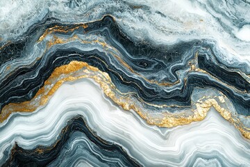 Elegant Marble Background with Smooth Swirls of Texture in Shades of Black, White, and Gold for Creative Design and Artistic Projects